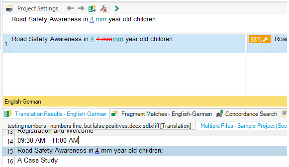 Trados Studio screenshot showing a translation segment with the term '4 mm' highlighted, indicating a potential issue.
