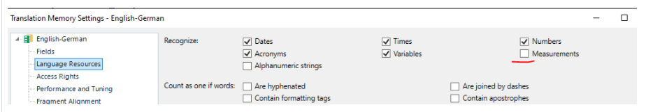 Trados Studio Translation Memory settings with 'Measurements' unchecked under the 'Recognize' section, indicating a configuration issue.