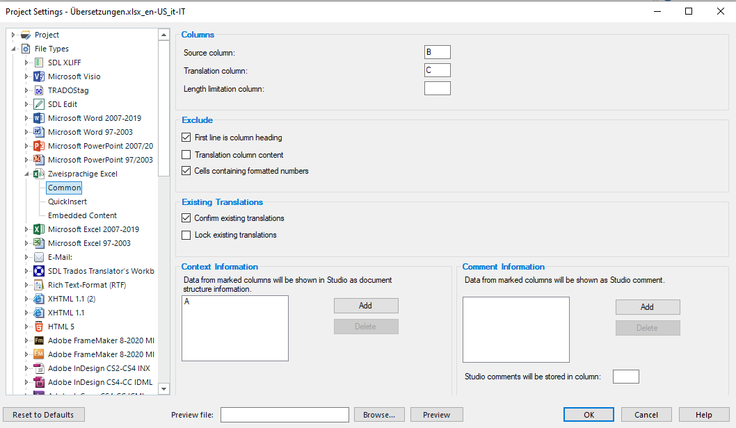 Trados Studio 2021 Project Settings dialog showing 'Zweisprachige Excel' file type settings with source column B, translation column C, and no errors or warnings displayed.