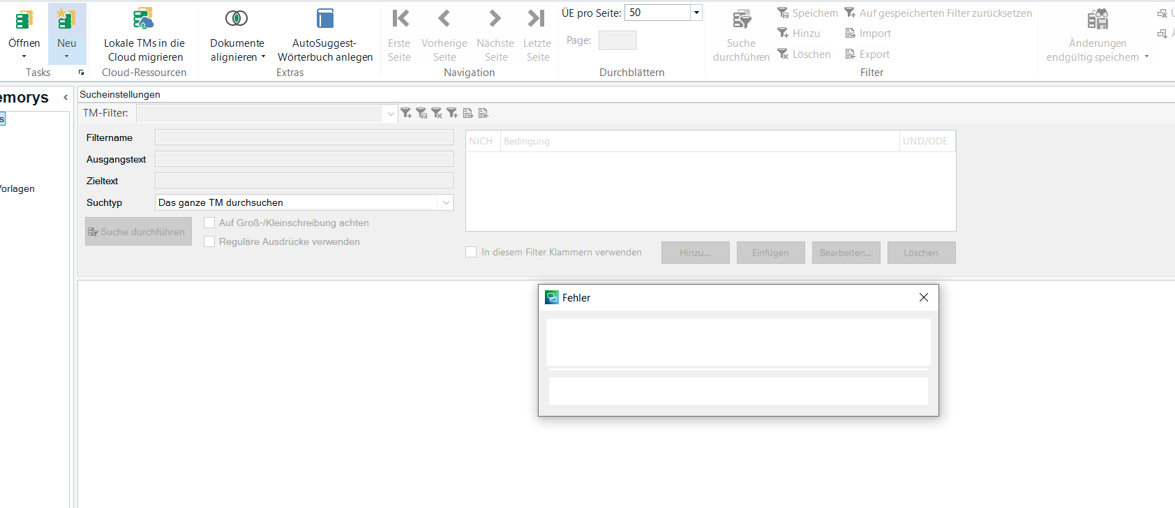 Trados Studio interface showing a blank error message dialog box with the title 'Fehler' and the studio appears to be frozen.
