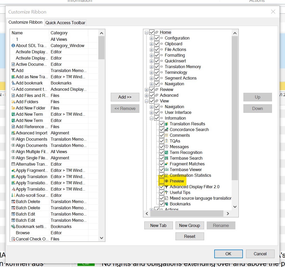 Trados Studio Customize Ribbon window showing the Preview button highlighted with a yellow border under the View category, indicating it is selected for removal.