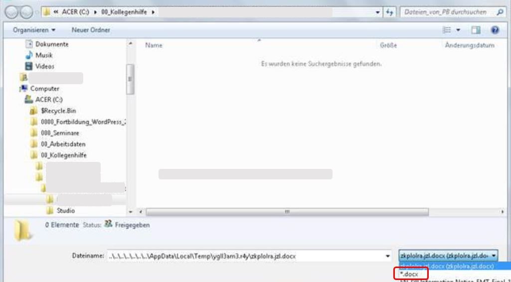 File explorer window with no search results found, and a file path input field showing a temporary file path with a highlighted '.docx' file extension.