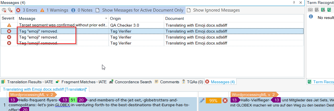 Trados Studio Messages window displaying 3 errors and 1 warning related to 'emoji' tags being removed.