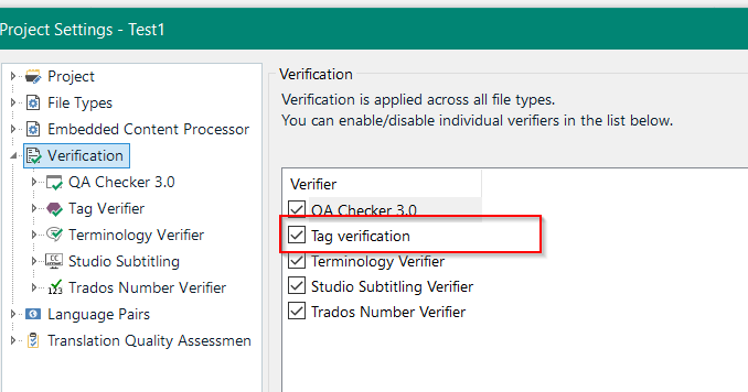 Trados Studio Project Settings window showing Verification options with 'Tag Verifier' checked.