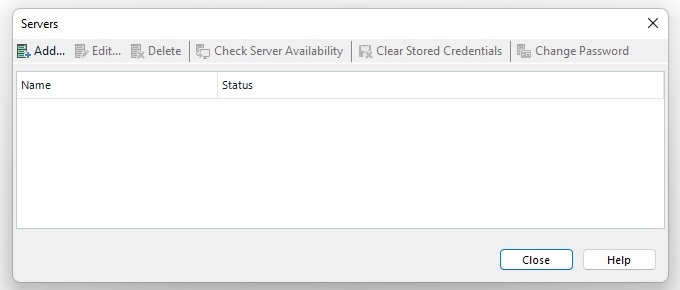 Trados Studio Servers dialog box with options to Add, Edit, Delete, Check Server Availability, Clear Stored Credentials, and Change Password. No servers listed under Name or Status.