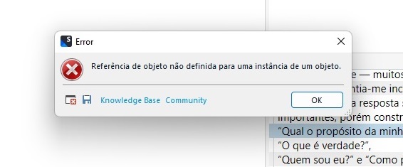Error dialog box in Trados Studio with a red cross icon, displaying the message 'Referencia de objeto nao definida para uma instancia de um objeto.' with 'OK' button, 'Knowledge Base' and 'Community' links.