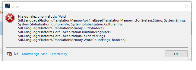 Error dialog box in Trados Studio indicating a 'Method not found' issue with a detailed method signature.