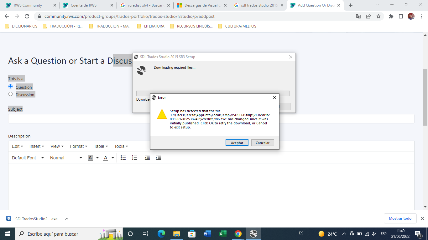 Error message during SDL Trados Studio 2015 SR3 setup on a Windows 10 laptop, stating 'Setup has detected that the file C:UsersTeresaAppDataLocalTempvcredist_x86.exe has changed since it was initially published.' with options to retry or cancel.
