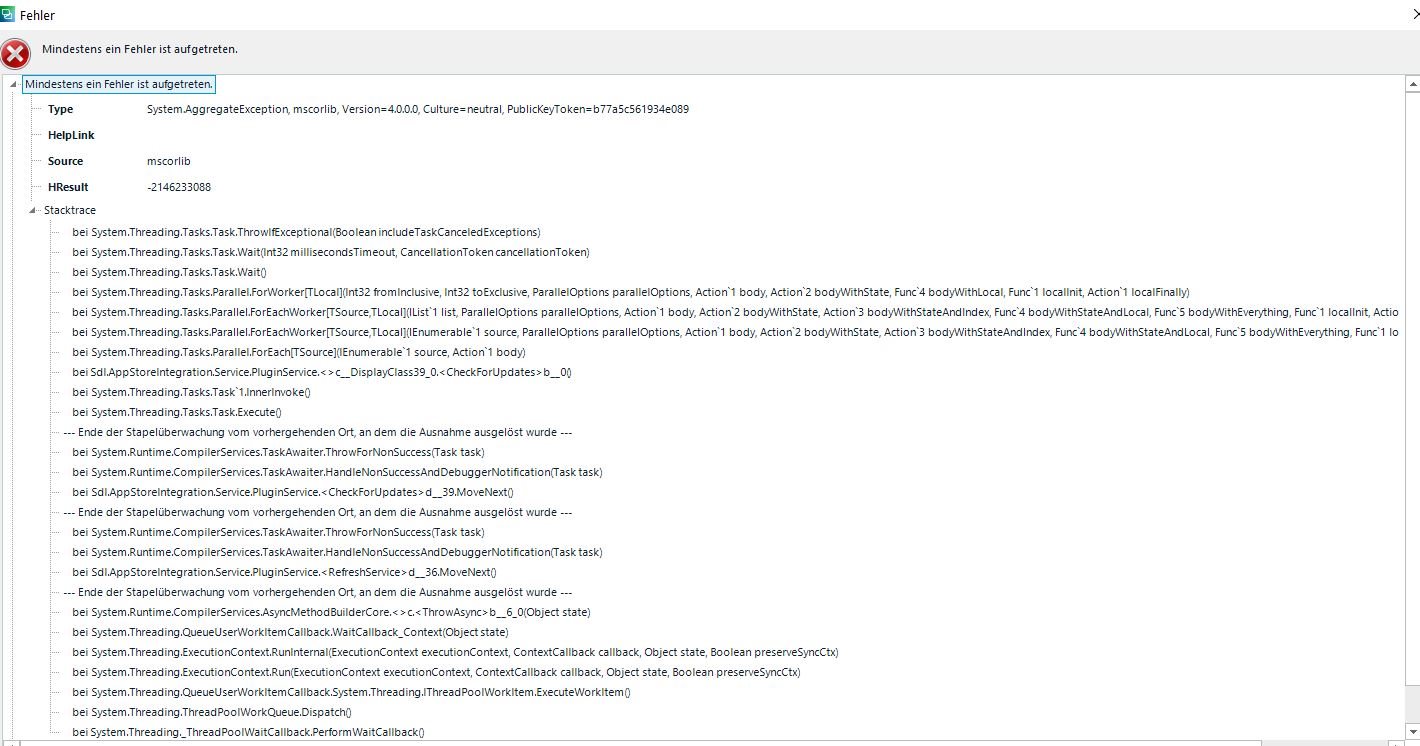 Error message in Trados Studio showing 'Mindestens ein Fehler ist aufgetreten' with a System.AggregateException and stack trace details.