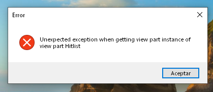 Error message popup from Trados Studio stating 'Unexpected exception when getting view part instance of view part Hitlist' with an 'Accept' button.