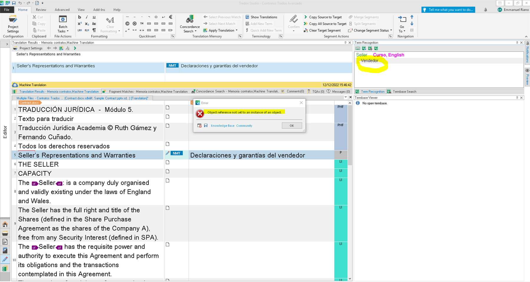 Screenshot of Trados Studio software showing an error message 'Object reference not set to an instance of an object.' in a dialog box over the translation workspace.