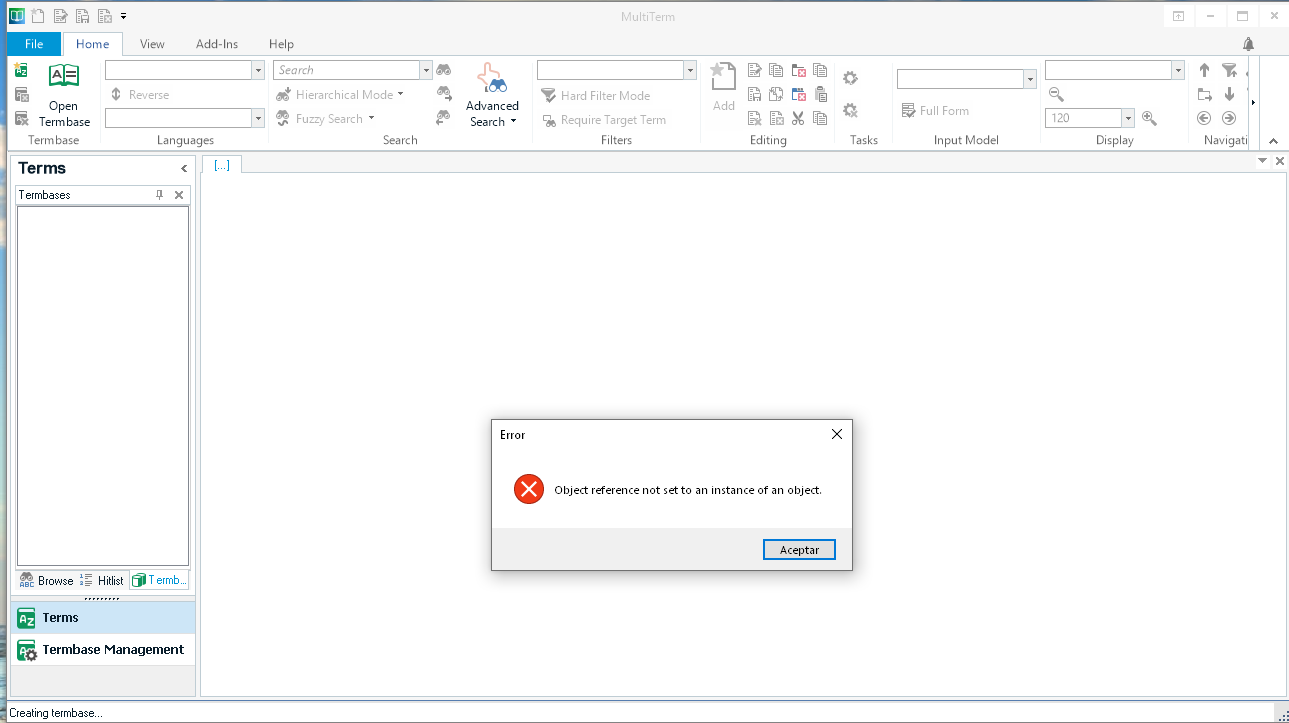 Screenshot of MultiTerm Desktop 2021 showing an error message 'Object reference not set to an instance of an object' while creating a termbase.