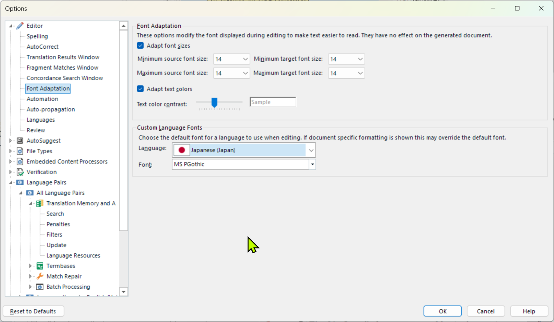 Options menu showing font adaptation settings for Japanese language with MS PGothic font selected.