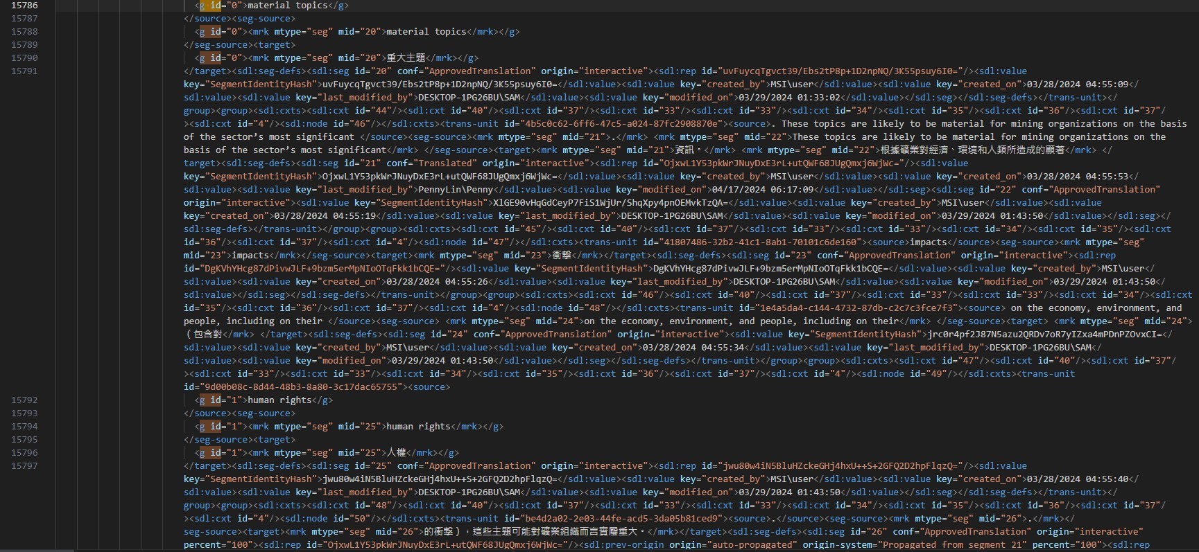 Screenshot of Trados Studio software showing XML code with tags such as 'g', 'mrk', and 'seg'. Text includes 'material topics' and 'human rights' in both source and target segments.