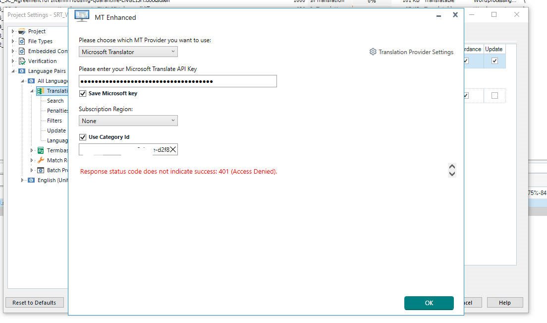 Trados Studio error message displaying 'Response status code does not indicate success: 401 (Access Denied)' in the MT Enhanced settings window.