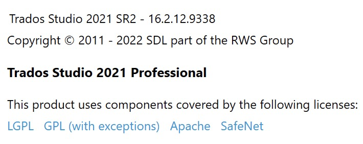 Screenshot of Trados Studio 2021 SR2 version 16.2.12.9338 title screen showing copyright information and licensed components including LGPL, GPL, Apache, and SafeNet.