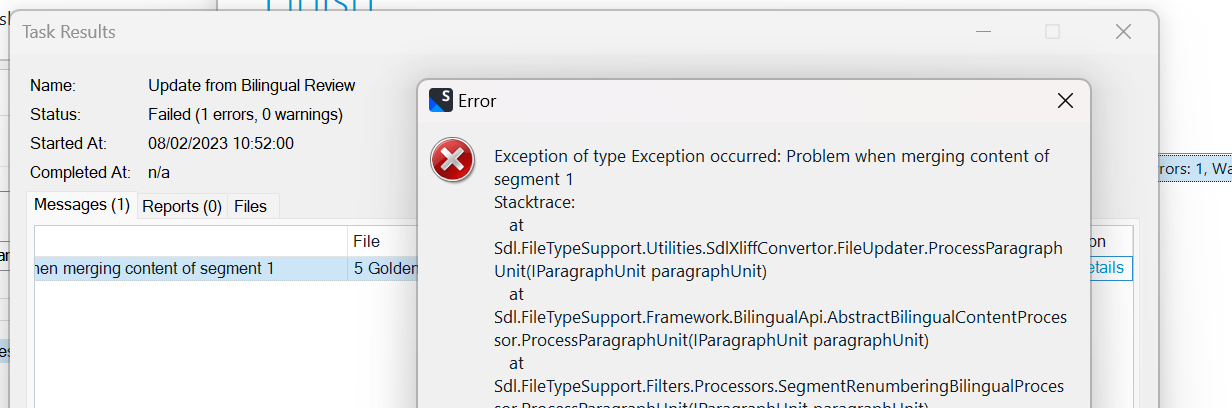 Trados Studio Task Results window showing an error message for 'Update from Bilingual Review' with status 'Failed (1 errors, 0 warnings)'. Error details: 'Exception of type Exception occurred: Problem when merging content of segment 1'.