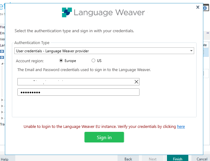 Trados Studio login window with an error message stating 'Unable to login to the Language Weaver EU instance. Verify your credentials by clicking here.' Options for Europe and US regions are shown, with Europe selected.