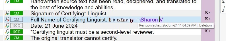 Screenshot of Trados Studio interface showing a mouse-over popup with text 'Revisionathas, 26-Jun-24 11:04:59 AM: Deletion' covering part of the target text row.