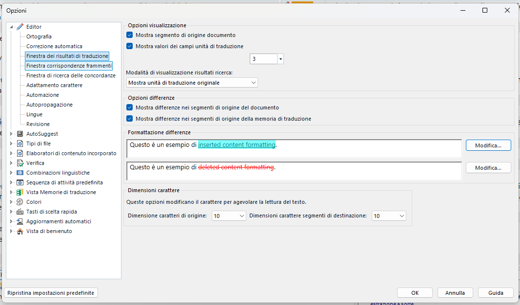 Screenshot of Trados Studio's Options menu with the Translation Results Window settings, highlighting options for showing differences in matches.