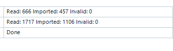 Screenshot showing Trados Studio import summary with 'Read: 666 Imported: 457 Invalid: 0' and 'Read: 1717 Imported: 1106 Invalid: 0' followed by 'Done'.