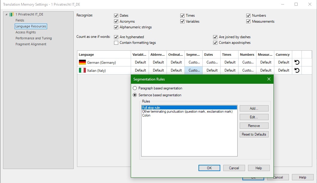 Trados Studio Translation Memory Settings window showing segmentation rules for Italian language with missing 'semicolon' rule.