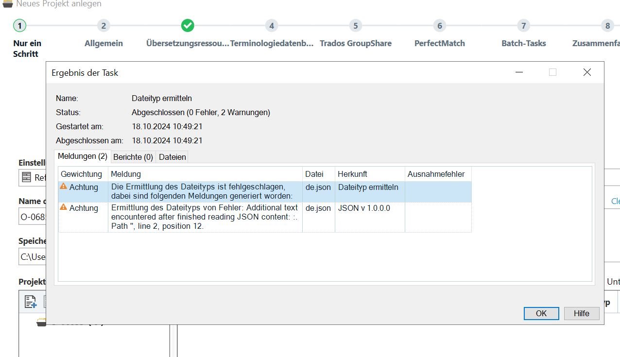 Trados Studio error message window showing two warnings. The first warning states 'Die Ermittlung des Dateityps ist fehlgeschlagen,' and the second warning mentions 'Additional text encountered after finished reading JSON content: Path', at line 2, position 12.