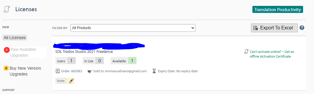 Screenshot of Trados Studio Licenses page showing one available SDL Trados Studio 2021 Freelance license with no expiry date.
