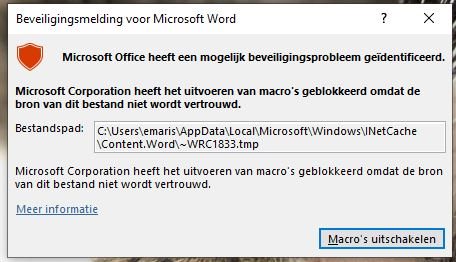 Security warning from Microsoft Word indicating a potential security problem with a message to disable macros. File path shown in the message.