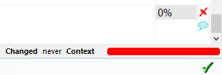 Screenshot of memoQ's 'Context' feature displaying a red error message and a green checkmark indicating a completed action.