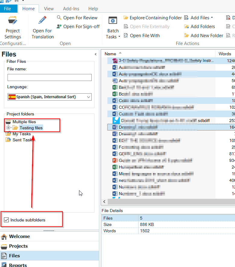 Trados Studio screenshot showing the Files view with 'Include subfolders' option checked. The left pane highlights 'Testing files' under 'Project folders'. The right pane lists various files with their word counts.