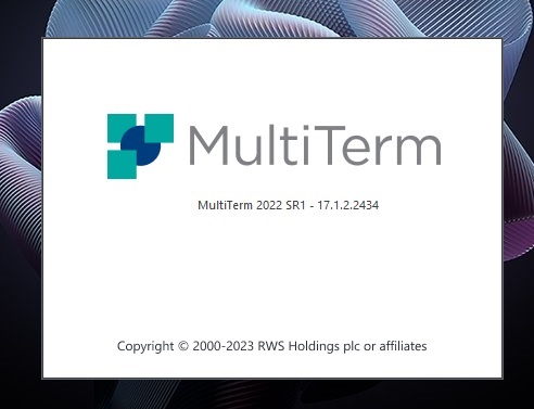 Screenshot of MultiTerm 2022 SR1 version 17.1.2.2434 splash screen with RWS Holdings plc copyright notice.