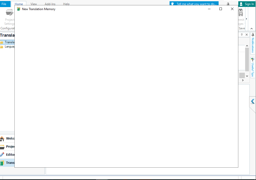 Screenshot of Trados Studio with a blank 'New Translation Memory' window open, showing no error messages or options.