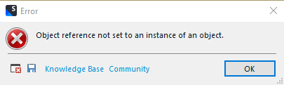 Error dialog box in Trados Studio with a red cross icon, displaying the message 'Object reference not set to an instance of an object.' with options for Knowledge Base and Community, and an OK button.