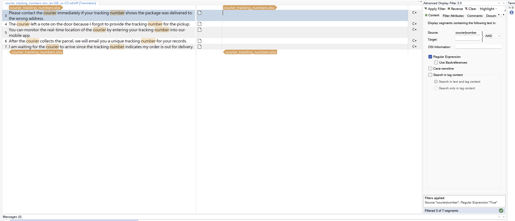 Trados Studio interface showing filtered segments containing 'courier' or 'number' using a regular expression. Five of seven segments are displayed.