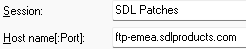 Screenshot of an FTP session window titled 'SDL Patches' with the host name 'ftp-emea.sdlproducts.com'.