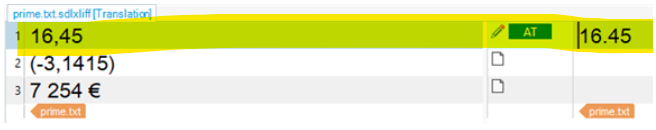 Screenshot of Trados Studio showing three segments with numbers. Segment 1 has '16,45' highlighted in yellow with a blue 'AT' status. Segments 2 and 3 show numbers without conversion or status.