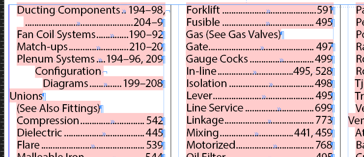 Screenshot of an index page in Trados Studio showing entries such as Ducting Components, Fan Coil Systems, and Unions with corresponding page numbers.
