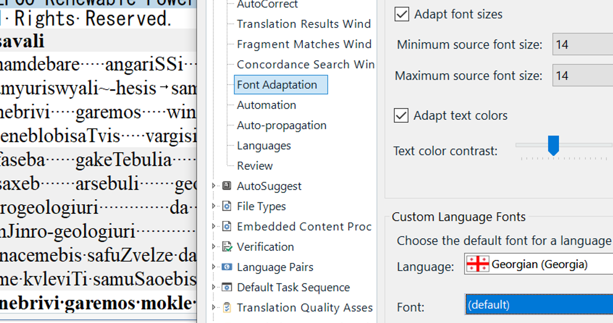Trados Studio 2021 settings window showing Font Adaptation options with Georgian language selected but font set to default.