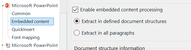 Trados Studio settings showing 'Enable embedded content processing' checked under Microsoft PowerPoint Embedded content.