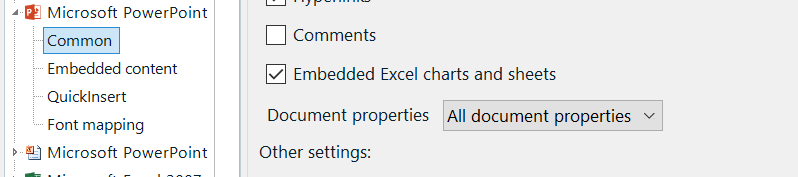Trados Studio settings with 'Embedded Excel charts and sheets' checked under Microsoft PowerPoint Common options.