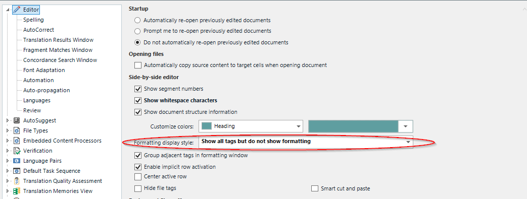 Trados Studio options menu with 'Formatting display style' dropdown selected, showing 'Show all tags but do not show formatting' option.