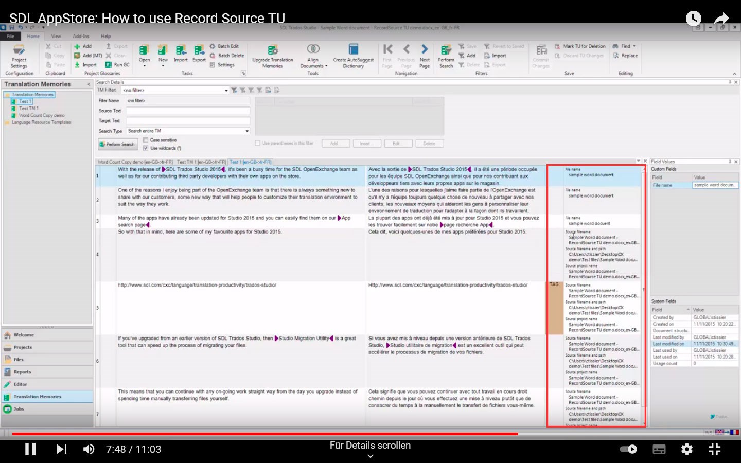 Screenshot of a YouTube tutorial video titled 'SDL AppStore: How to use Record Source TU' paused at 7 minutes and 48 seconds, showing Trados Studio interface with Translation Memories tab open and a 'sample word document' selected in the list.