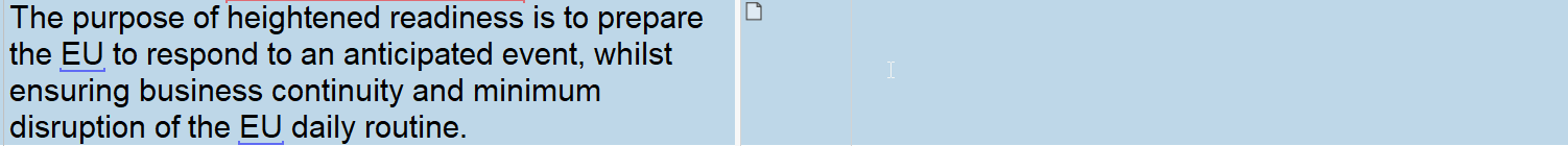 Screenshot of Trados Studio showing text with the acronym 'EU' not highlighted, indicating it is not recognized by the software.