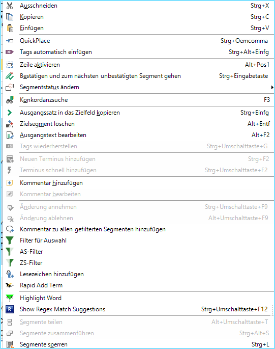 Screenshot of Trados Studio showing a list of editing options such as copy, paste, quick place, and segment status change with corresponding keyboard shortcuts.
