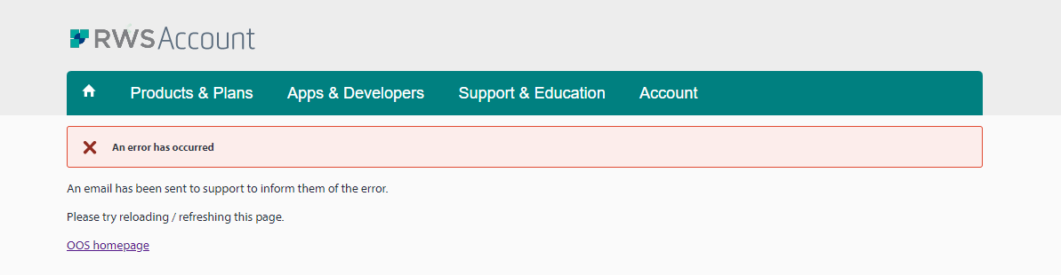 RWS Account webpage with an error message box stating 'An error has occurred' and instructions to reload the page and a link to the OOS homepage.