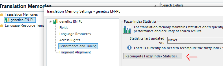 Trados Studio Translation Memory Maintenance view showing genetics EN-PL TM with no warning signs and a message stating 'There is currently no need to recompute the fuzzy index statistics.'