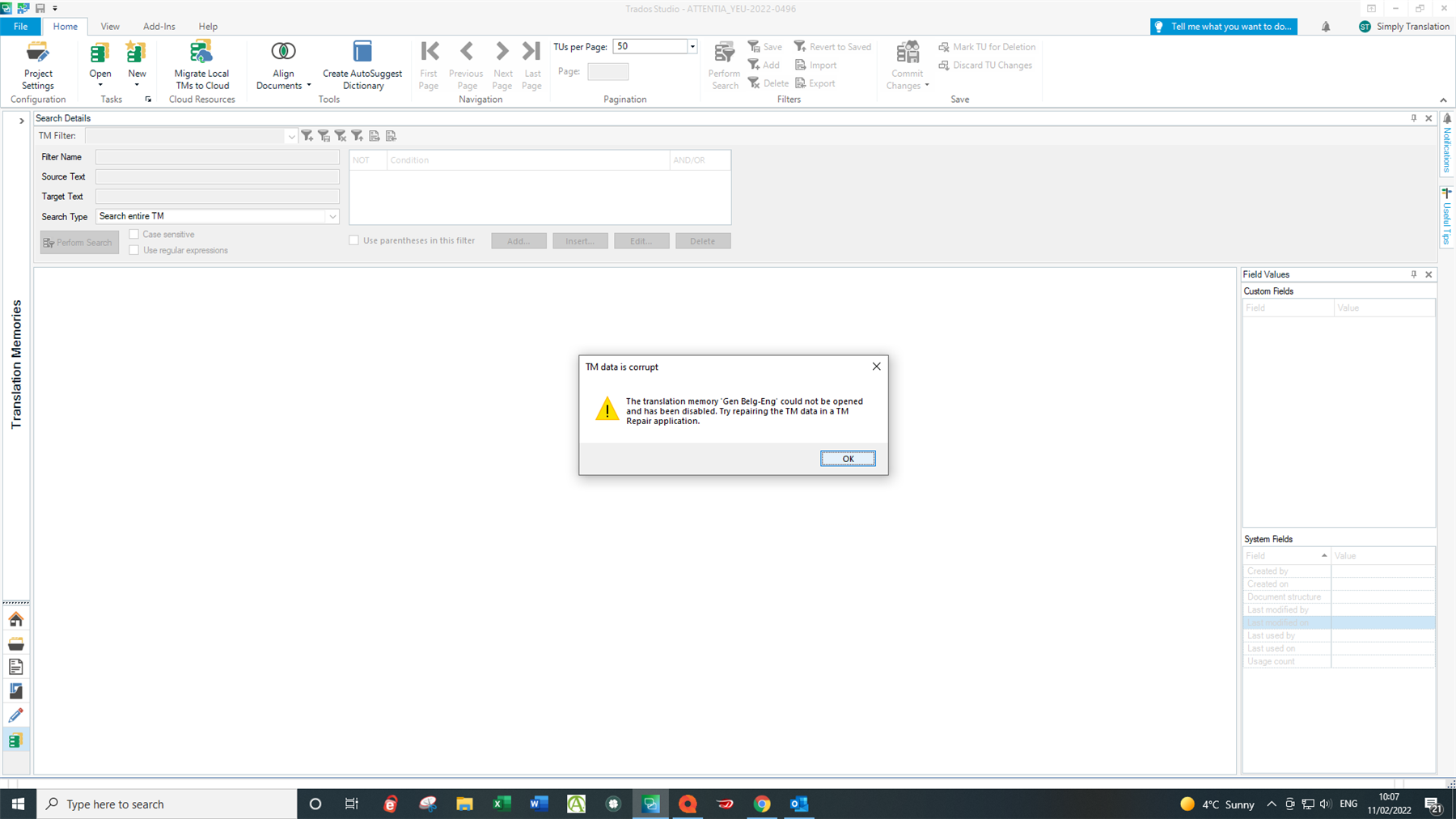 Screenshot of Trados Studio with an error message pop-up saying 'TM data is corrupt. The translation memory 'Gen-Eng-Eng' could not be opened and has been disabled. Try repairing the TM data in a TM Repair application.'