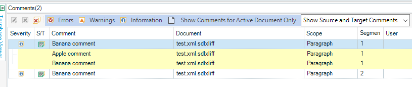 Trados Studio Comments window showing 2 comments, 'Banana comment' and 'Apple comment', both associated with the same document 'test.xml.sdlxliff' and paragraph scope. No visible errors or warnings.