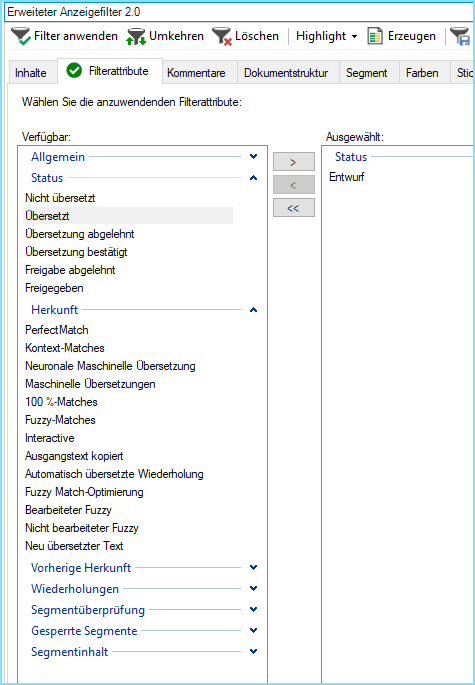 Trados Studio advanced display filter 2.0 window showing various filter attributes with 'Status' selected and 'Draft' moved to the selected column.